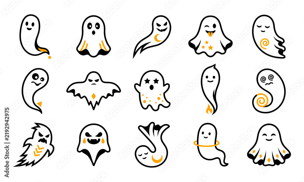 Obraz premium Collection of cute and spooky ghost characters for halloween design projects