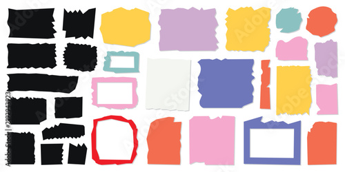Colorful torn paper scraps and ripped frames set vector illustration. Abstract ragged edge note sheets, sticky notes, cardboards, and tape collection for collage art, scrapbooking design.