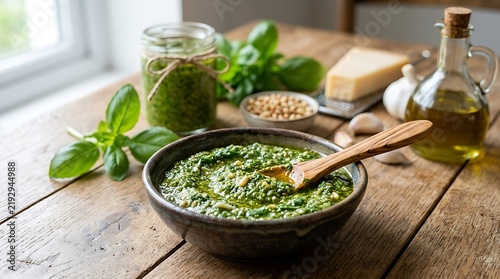 Fresh homemade green pesto sauce in a dark bowl on a rustic wooden kitchen table. basil pesto kit