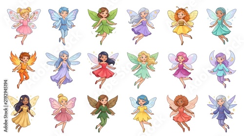 Group of diverse fairies with colorful wings and dresses flying in a cheerful pattern.