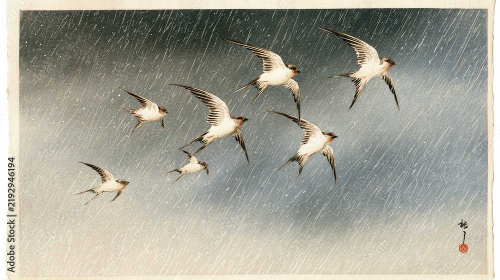 Fototapeta premium Japanese woodblock art, a flock of white swallows flying across a rainy sky, minimalist and poetic
