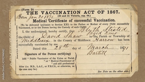 Antique 1867 vaccination act medical certificate document with vaccination certificate document prevention