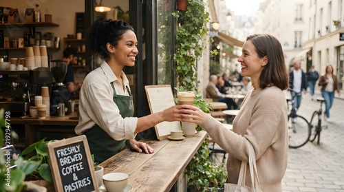 A barista hands a warm drink to a customer at a coffee shop. The shop has outdoor seating and is located on a busy street. People are walking by and enjoying the moment
