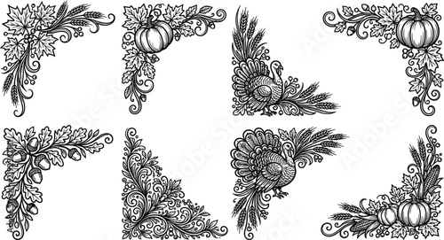 Vintage thanksgiving and black friday decorative elements a collection of aged distressed and ornate corner frames for festive designs