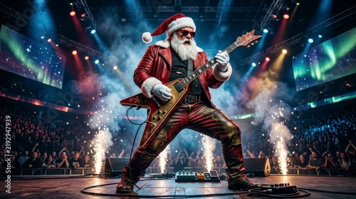 Rock Santa Claus playing electric guitar on stage