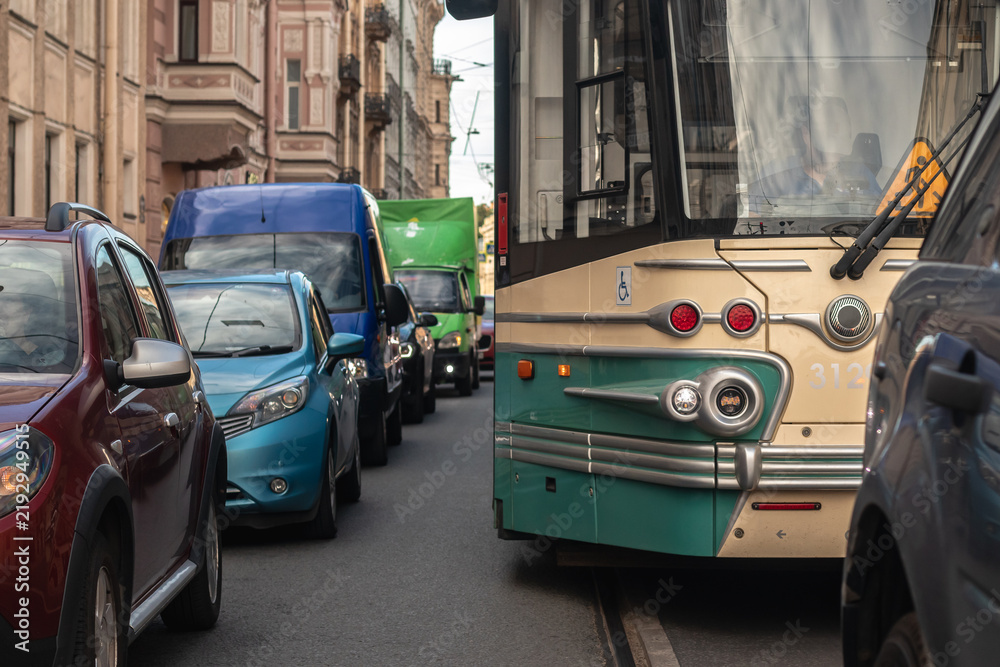 Obraz premium City tram on a street of Saint Petersburg in Russia