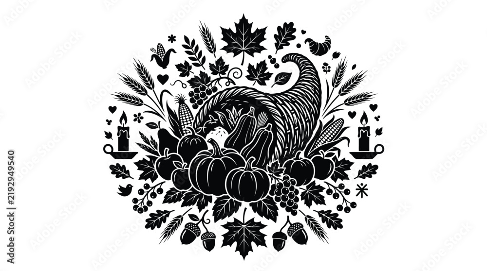 Fototapeta premium Cornucopia silhouette vector illustration featuring seasonal harvest vegetables fruits wheat stalks and autumnal leaves for design