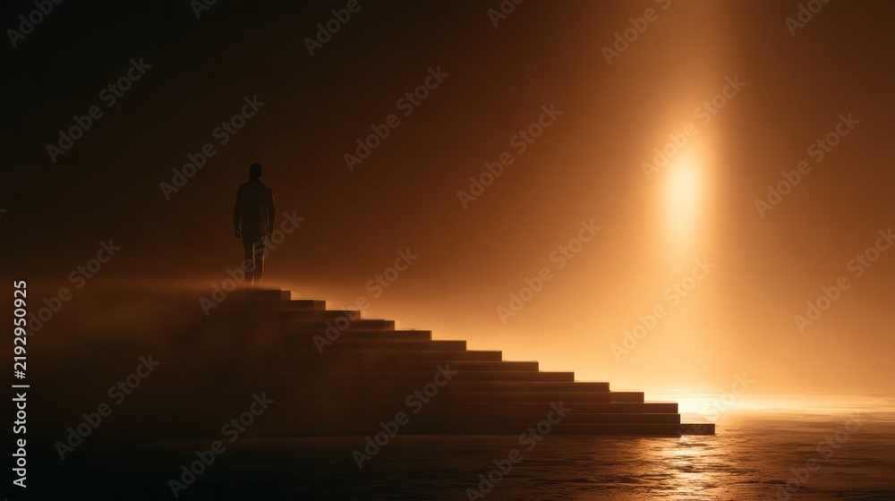Obraz premium An abstract figure stands on steps in dark fog, moving into warm light, showing a journey of recovery and healing.