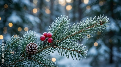 Frosted pine branch with pinecone and berries