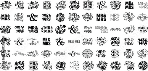 A large collection of diverse wedding calligraphy logos featuring elegant script typography and romantic phrases for bridal invitations and event branding designs
