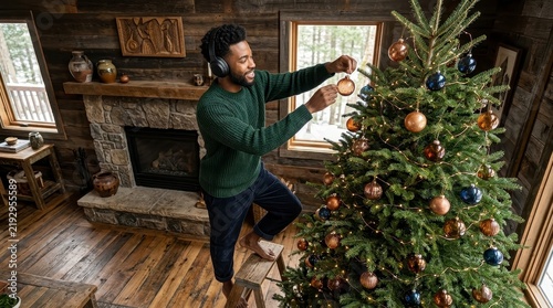 Man decorating Christmas tree with ornaments