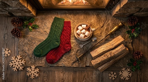 Cozy Christmas scene with fireplace hot chocolate and socks
