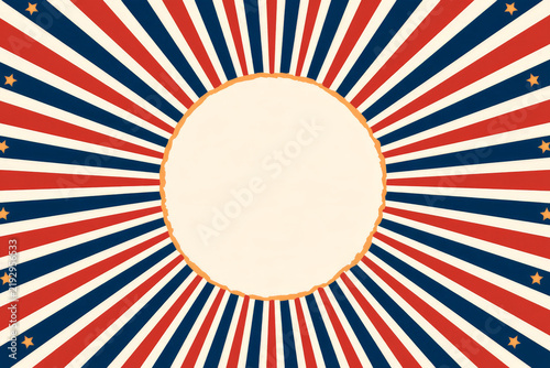 Retro red blue and white frame has a blank circular center. Filipino American heritage, patriotic background, social media.