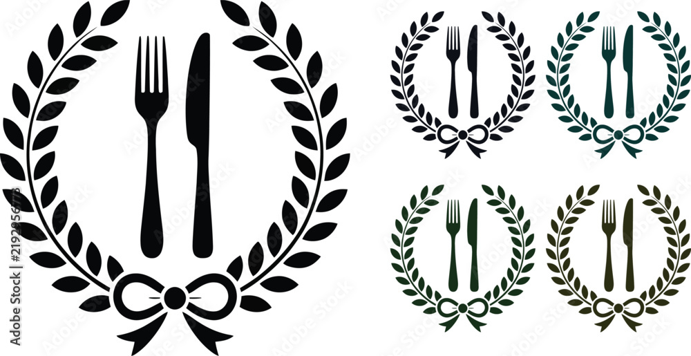 Obraz premium Fork and knife set in laurel wreath vector icons
