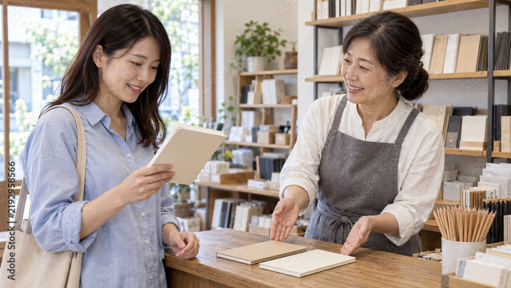 Fototapeta premium 地元の文具店で店主の説明を聞きながらノートを選ぶ日本人女性