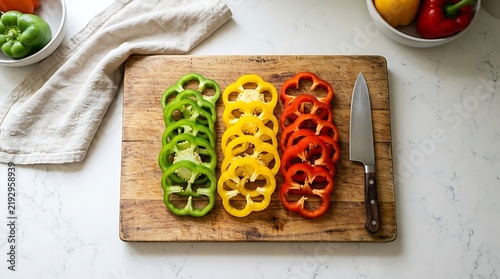 Sliced Colorful Bell Peppers and Kitchen Knife on Wooden Board