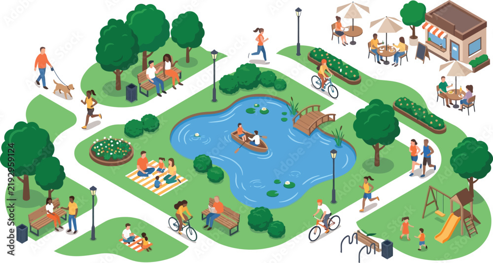 Obraz premium Isometric city park illustration with people walking running cycling and relaxing near a pond and cafe
