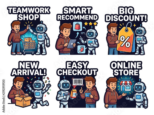 AI E-commerce Shopping Assistant Human Collaboration Sticker Sheet, 6 Cartoon Vector Retail Stickers