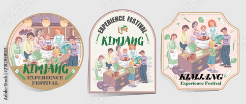 Kimjang Korean Kimchi Making Culture Emblem Set with Diverse People Pastel Vector Illustration