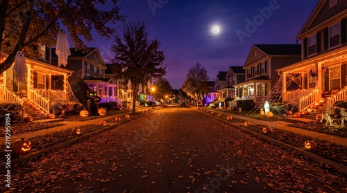 Festive suburban neighborhood street at night decorated for Halloween. Houses with glowing orange lights, jack-o'-lantern pumpkins, ghosts, and cobwebs under a full moon. Autumn holiday concept