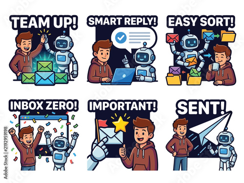 AI Email Inbox Assistant Human Collaboration Sticker Sheet, 6 Cartoon Vector Office Stickers
