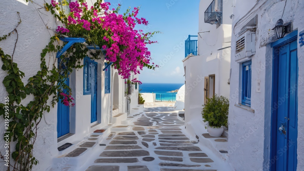 Fototapeta premium Santorini Greek Village Whitewashed Houses Church Blue Dome Aegean Sea Cyclades Islands Architecture Travel Photography