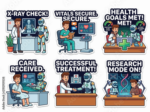 AI Healthcare Diagnosis Assistant Human Collaboration Sticker Sheet, 6 Cartoon Vector Doctor Stickers