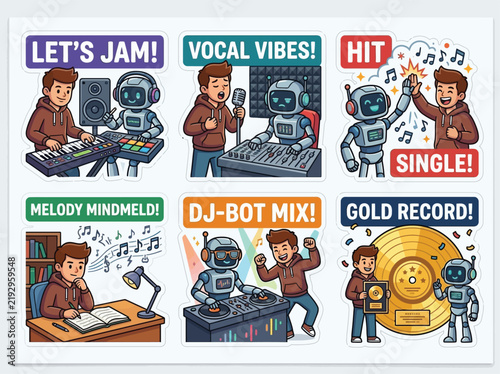 AI Music Production Assistant Human Collaboration Sticker Sheet, 6 Cartoon Vector Musician Stickers