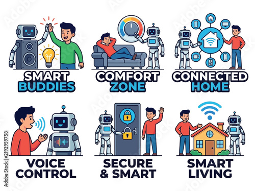 AI Smart Home Voice Assistant Human Collaboration Sticker Sheet, 6 Cartoon Vector Household Stickers
