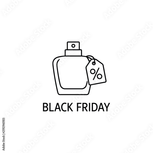 perfume bottle with percent tag and Black Friday text, perfume bottle Black Friday sale icon in black outline on white for cosmetics retail design