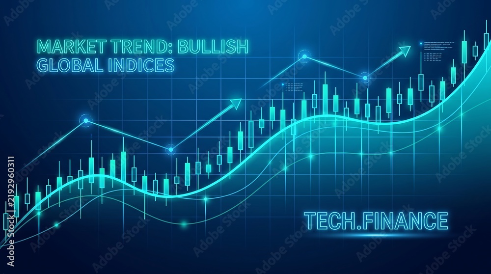 Fototapeta premium Bullish market trend candlestick chart with upward growth arrows on blue digital grid