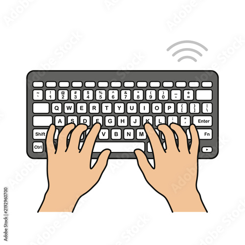 Hands typing on a wireless keyboard with signal icon above.