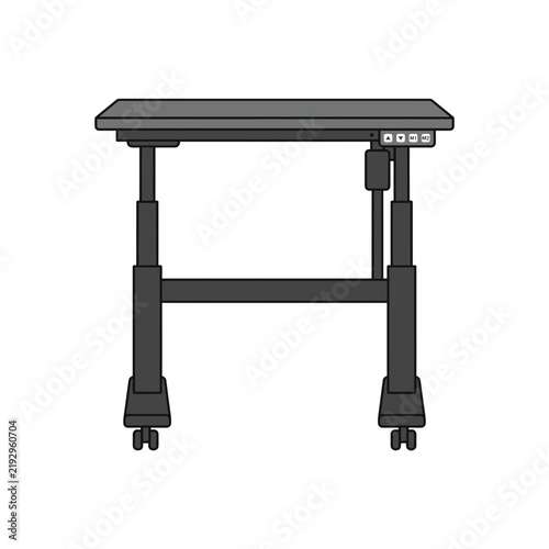 Mobile height-adjustable desk with wheels and control panel.