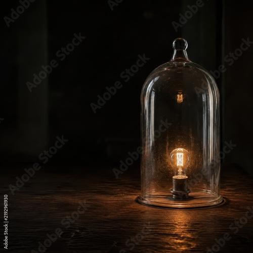 Single warm bulb glowing inside a glass bell jar