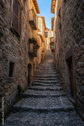 Narrow cobbled alley climbing between old stone houses