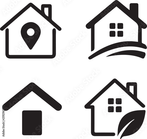 Real Estate House Icon Set with Location, Property, Door and Eco Home Symbols