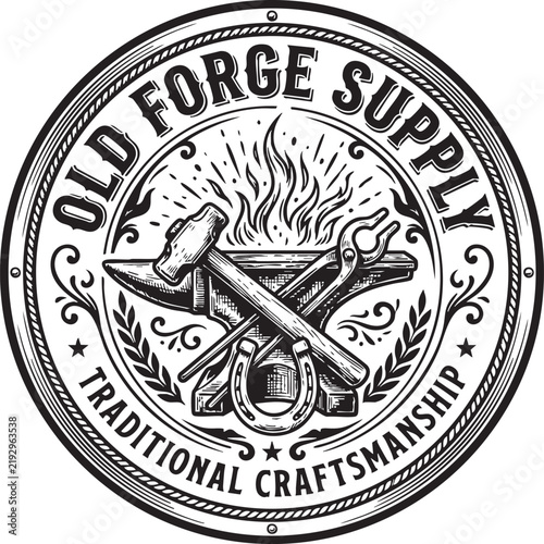 Old Forge Supply vintage badge design with anvil and hammer illustration