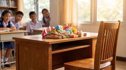 Empty classroom prepared for a Teachers Day celebration with colorful decorations