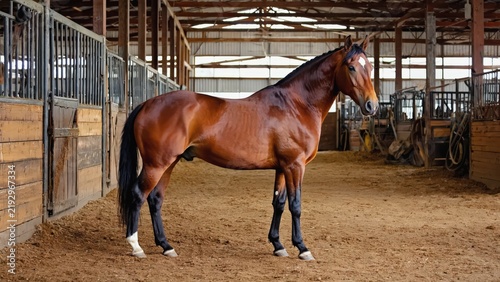 Palomino Quarter Horse Stallion Stands Proud in Dusty Barn, Warm Golden Light, Western Equestrian Portrait.