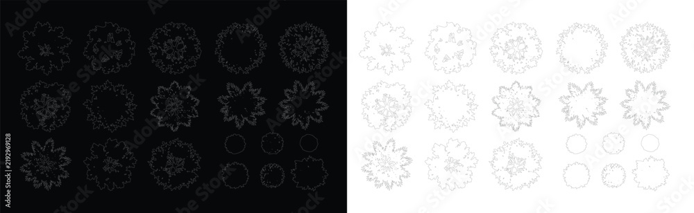 Obraz premium Set of top view tree vector outlines for architectural landscape design and plan rendering on black background with multiple species and shrub sizes.