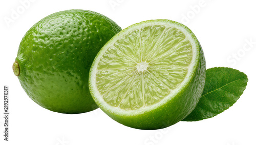 Whole green lime and half lime with visible pulp, isolated on transparent background