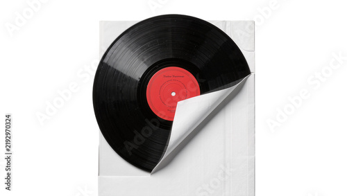 Quadro su tela Black vinyl record with red label partially removed from paper sleeve, isolated