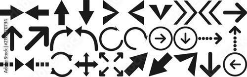 Black arrow icon set. Includes directional pointers, curved reload arrows, and navigation symbols. Clean vector graphic for user interface design and website navigation menus.