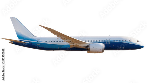Canvastavla Modern blue and white passenger jet airplane with winglets, isolated on transpar