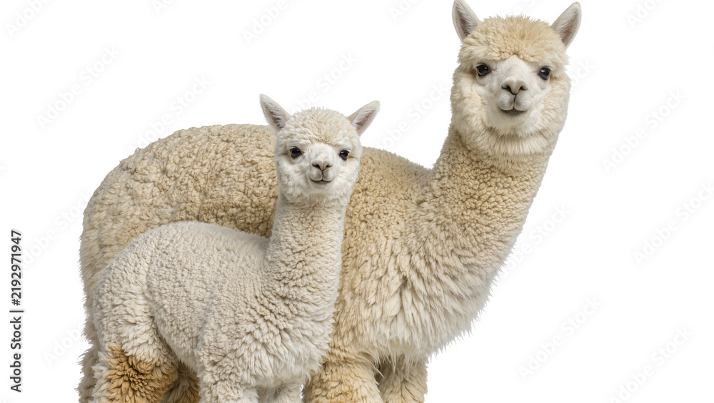 Fototapeta premium Two fluffy alpacas one adult and one baby, standing together isolated on transparent background