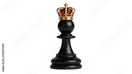Fotografía Black pawn chess piece wearing a golden crown with red jewels, isolated on trans