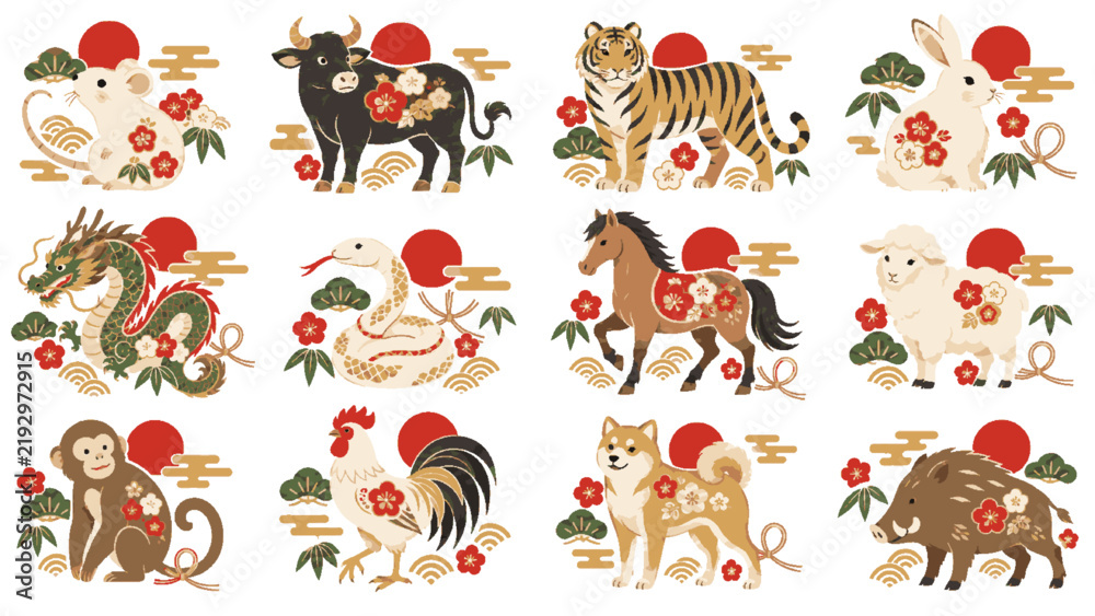 Obraz premium 十二支の動物と縁起物を描いた和モダンな年賀イラストセット / Japanese Zodiac Animal Collection with Traditional New Year Motifs（Generative AI）