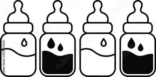 Four baby bottles with different milk levels and expressions