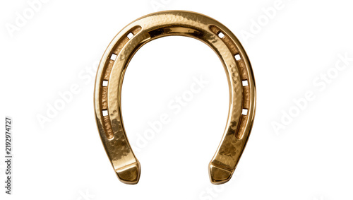 Obraz na plátně Shiny golden horseshoe with nail holes, isolated on transparent background