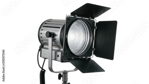 Obraz na plátně Silver metal Fresnel spotlight with black barn doors, isolated on transparent ba